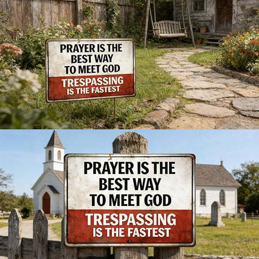 🔥Summer Special Offer😜Funny Prayer Trespassing Metal Sign, Vintage No Trespassing Warning Tin Sign for Yard Farm Garage Decor (2 Shapes, 8×12 Inch)