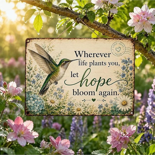 🐦Vintage Hummingbird Floral Metal Tin Sign, Inspirational Quote Wall Decor