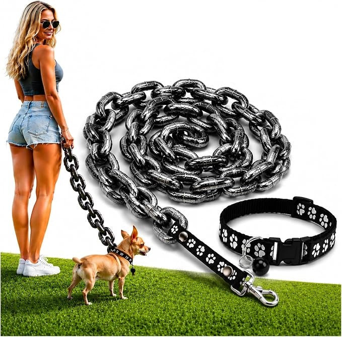 🤣Funny Oversized Dog Leash & Collar Set, "Small Dog Big Attitude" Comical Chain Leash