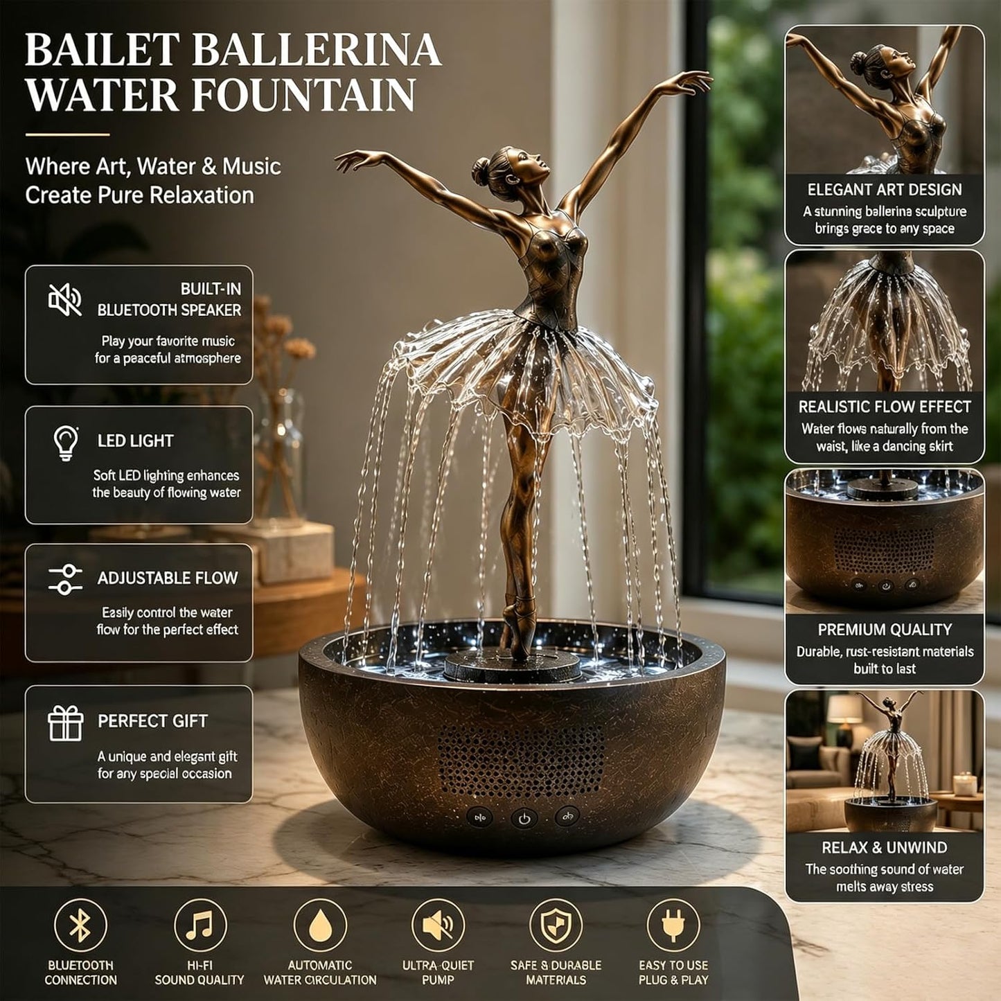 Ballet Ballerina Tabletop Water Fountain with Bluetooth Speaker & LED Light
