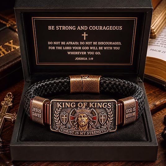 ✝️King of Kings Christian Engraved Braided Leather Bracelet, Jesus Faith Religious Wristband