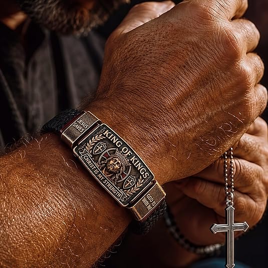 ✝️King of Kings Christian Engraved Braided Leather Bracelet, Jesus Faith Religious Wristband