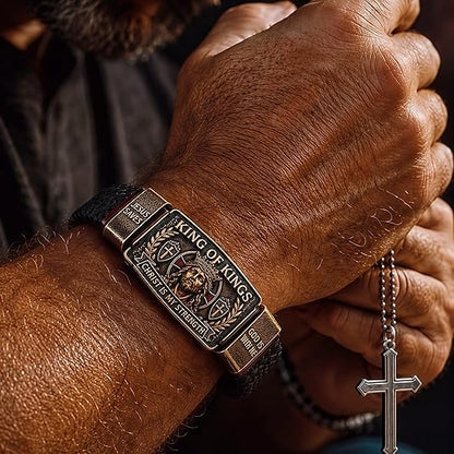 ✝️King of Kings Christian Engraved Braided Leather Bracelet, Jesus Faith Religious Wristband