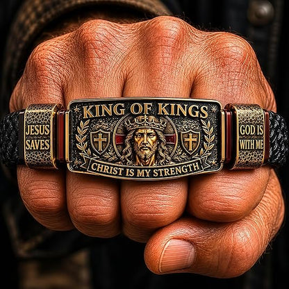 ✝️King of Kings Christian Engraved Braided Leather Bracelet, Jesus Faith Religious Wristband