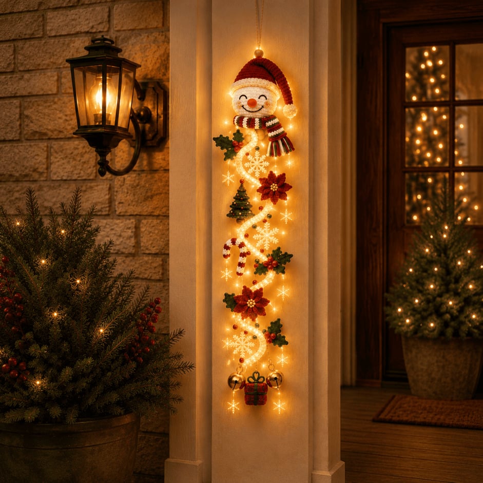 🎄MerryCascade Glowing Christmas Door Hanger | 6 Festive Lighted Designs with Warm Glow, Dimensional Details & Space-Saving Vertical Décor ✨