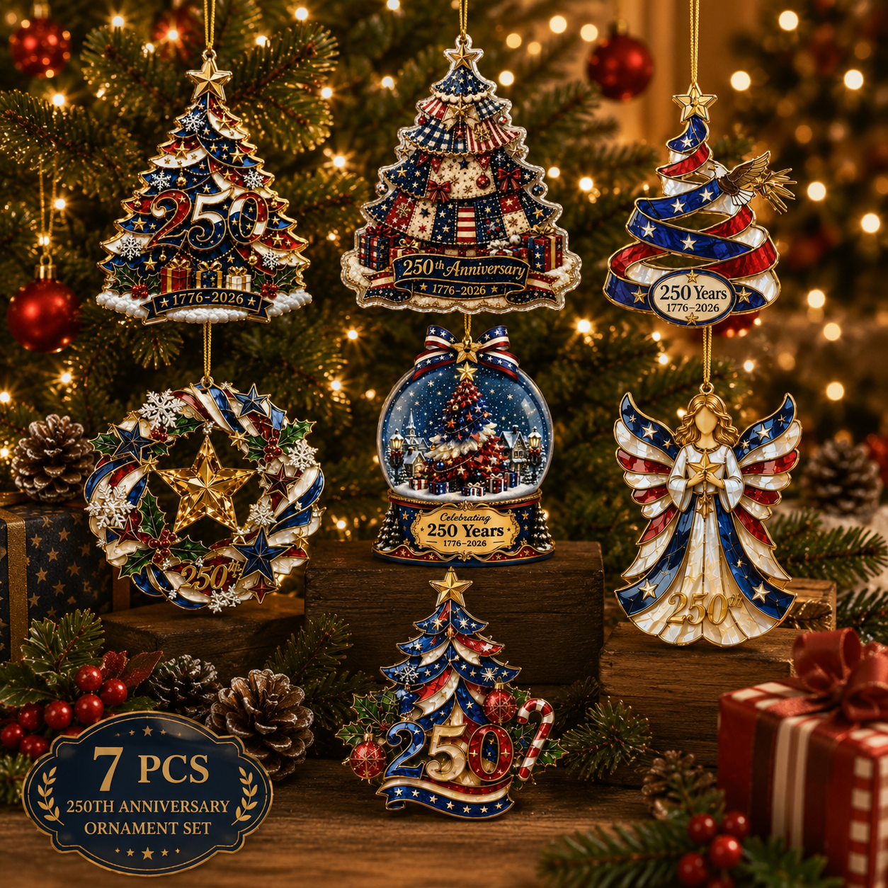 🔥Limited Time 50% OFF🎄 US 250th Anniversary Christmas Ornament, 6 Vintage American Flag Styles