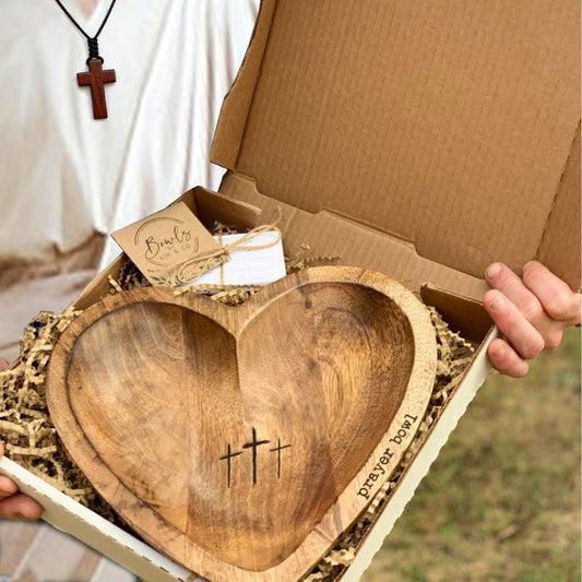 Handmade Retro Wooden Heart Prayer Bowl with 24 Prayer Cards | Cross & Letter Engraving | Christian Decor, Mother’s Day