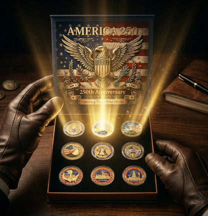 🔥Last Day 69% OFF🔥9PCS USA 250th Anniversary Commemorative Coin Gift Set, 2026 Patriotic Gift for Veterans, 250th Anniversary Collectors