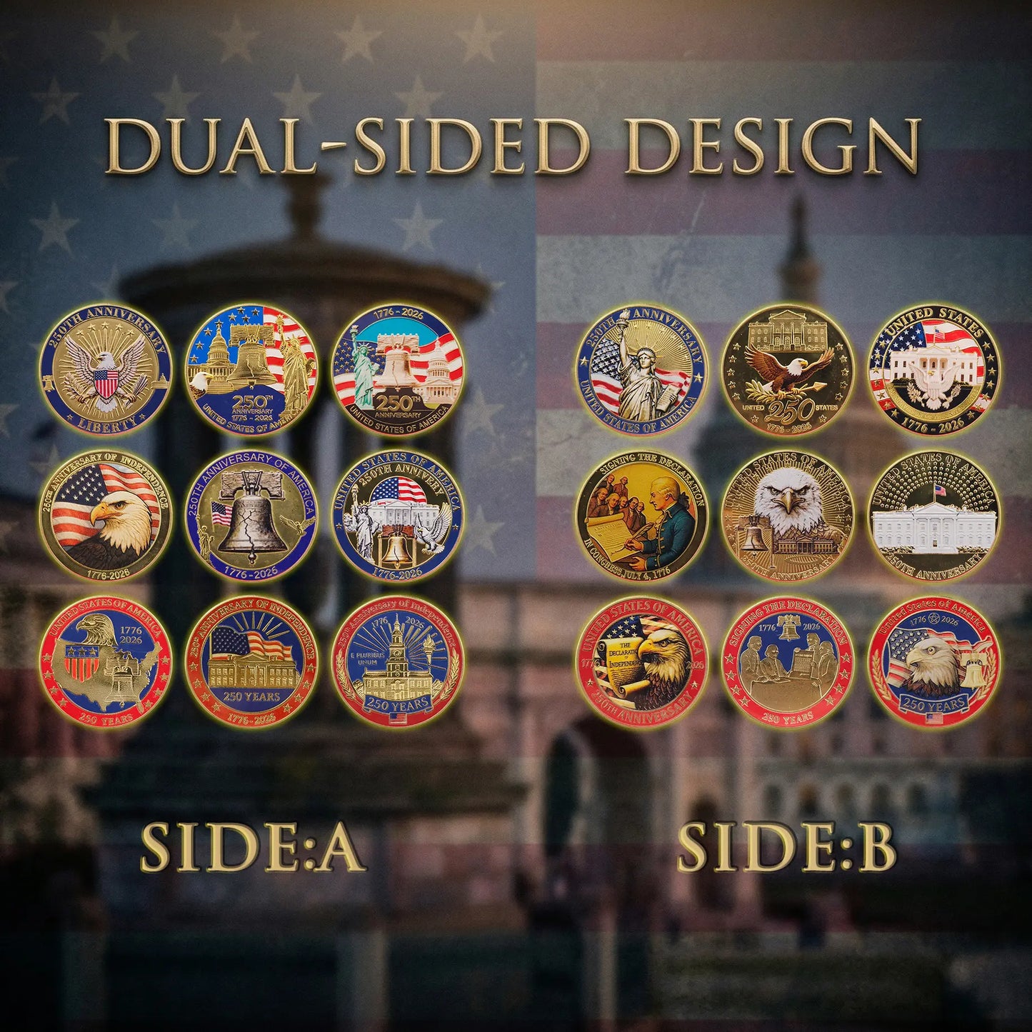 🔥Last Day 69% OFF🔥9PCS USA 250th Anniversary Commemorative Coin Gift Set, 2026 Patriotic Gift for Veterans, 250th Anniversary Collectors