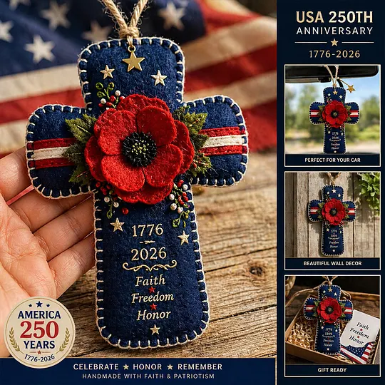 🇺🇸 1776–2026 Patriotic Poppy Cross Ornament – Faith Freedom Honor Embroidered Memorial Decor