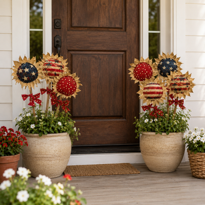 Primitive Americana Flower Picks Set of 3 – Rustic Patriotic Fabric Sunflower Decor