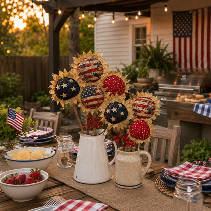 Primitive Americana Flower Picks Set of 3 – Rustic Patriotic Fabric Sunflower Decor