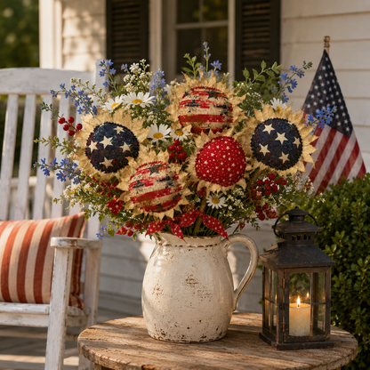 Primitive Americana Flower Picks Set of 3 – Rustic Patriotic Fabric Sunflower Decor
