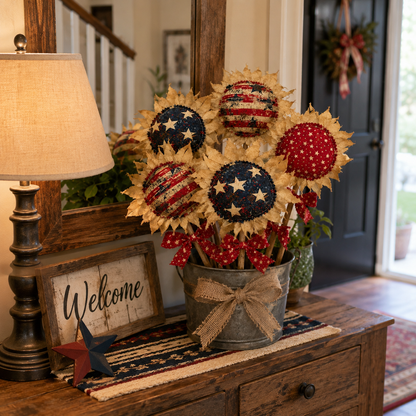 Primitive Americana Flower Picks Set of 3 – Rustic Patriotic Fabric Sunflower Decor