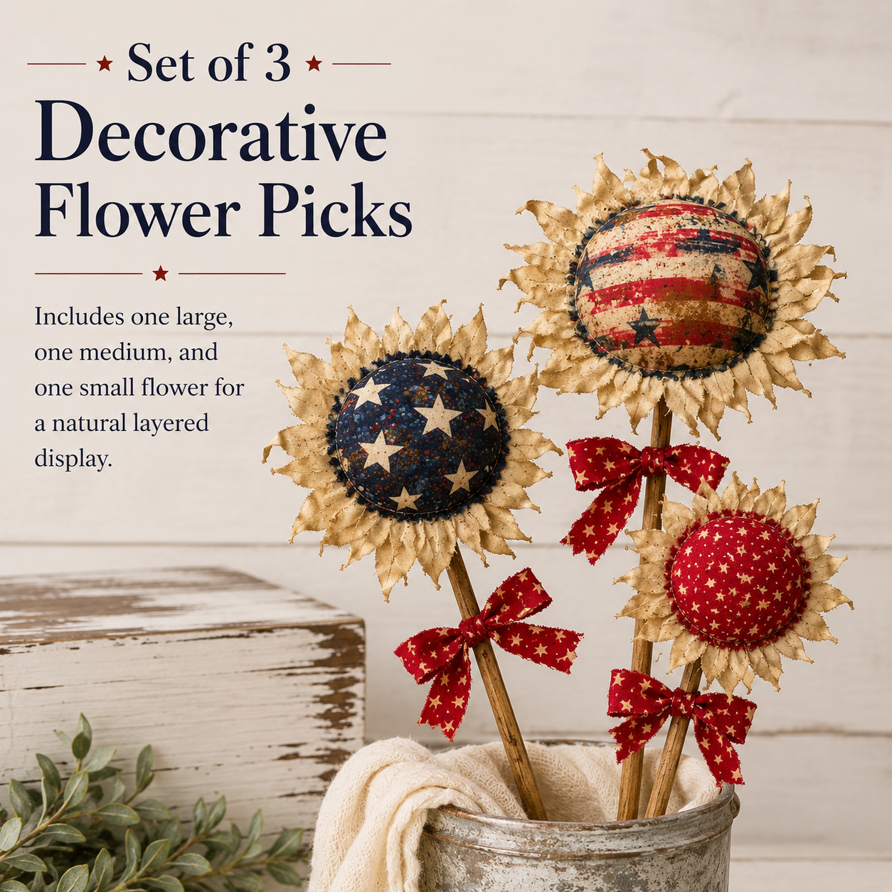 Primitive Americana Flower Picks Set of 3 – Rustic Patriotic Fabric Sunflower Decor