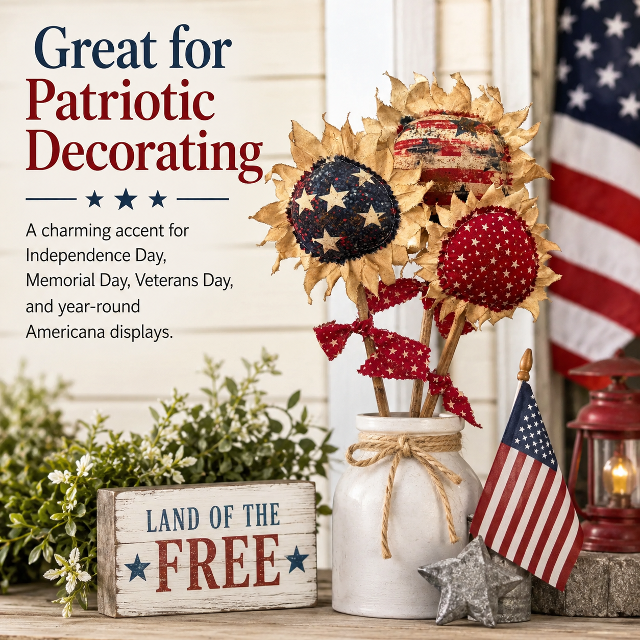 Primitive Americana Flower Picks Set of 3 – Rustic Patriotic Fabric Sunflower Decor