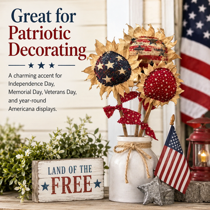 Primitive Americana Flower Picks Set of 3 – Rustic Patriotic Fabric Sunflower Decor