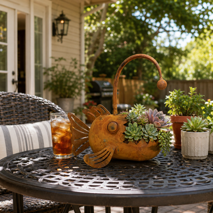 Rustic Vintage Metal Fish Planter | Weathered Anglerfish Shaped Garden Flower Pot