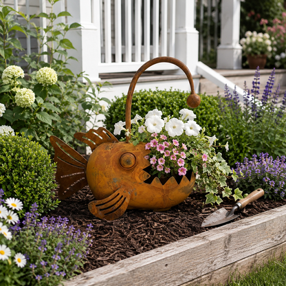 Rustic Vintage Metal Fish Planter | Weathered Anglerfish Shaped Garden Flower Pot