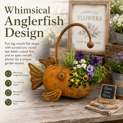 Rustic Vintage Metal Fish Planter | Weathered Anglerfish Shaped Garden Flower Pot