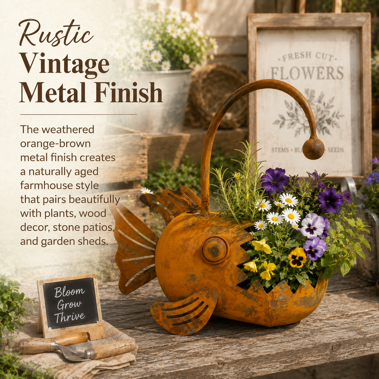 Rustic Vintage Metal Fish Planter | Weathered Anglerfish Shaped Garden Flower Pot
