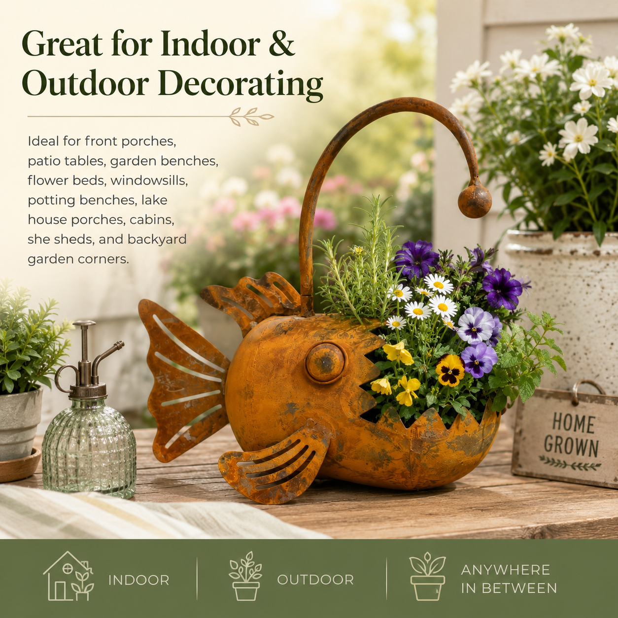 Rustic Vintage Metal Fish Planter | Weathered Anglerfish Shaped Garden Flower Pot