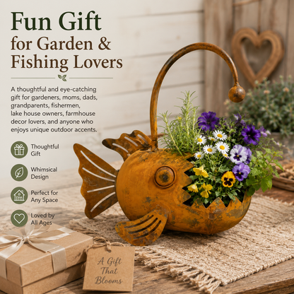 Rustic Vintage Metal Fish Planter | Weathered Anglerfish Shaped Garden Flower Pot