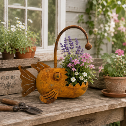 Rustic Vintage Metal Fish Planter | Weathered Anglerfish Shaped Garden Flower Pot