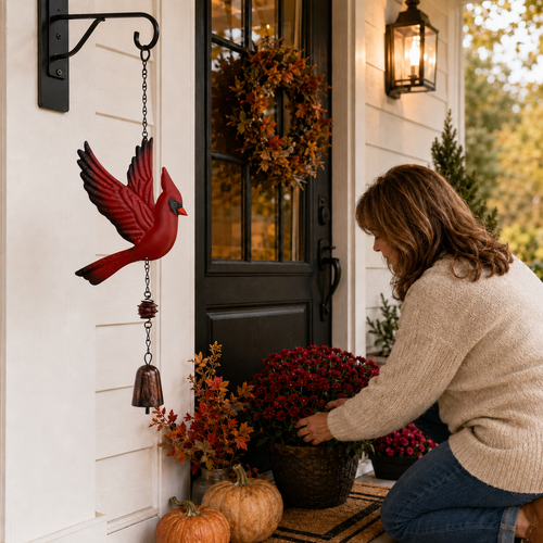🐦Flying Red Cardinal Hanging Bell, Sympathy Memorial Remembrance Bird Wind Chime Decor
