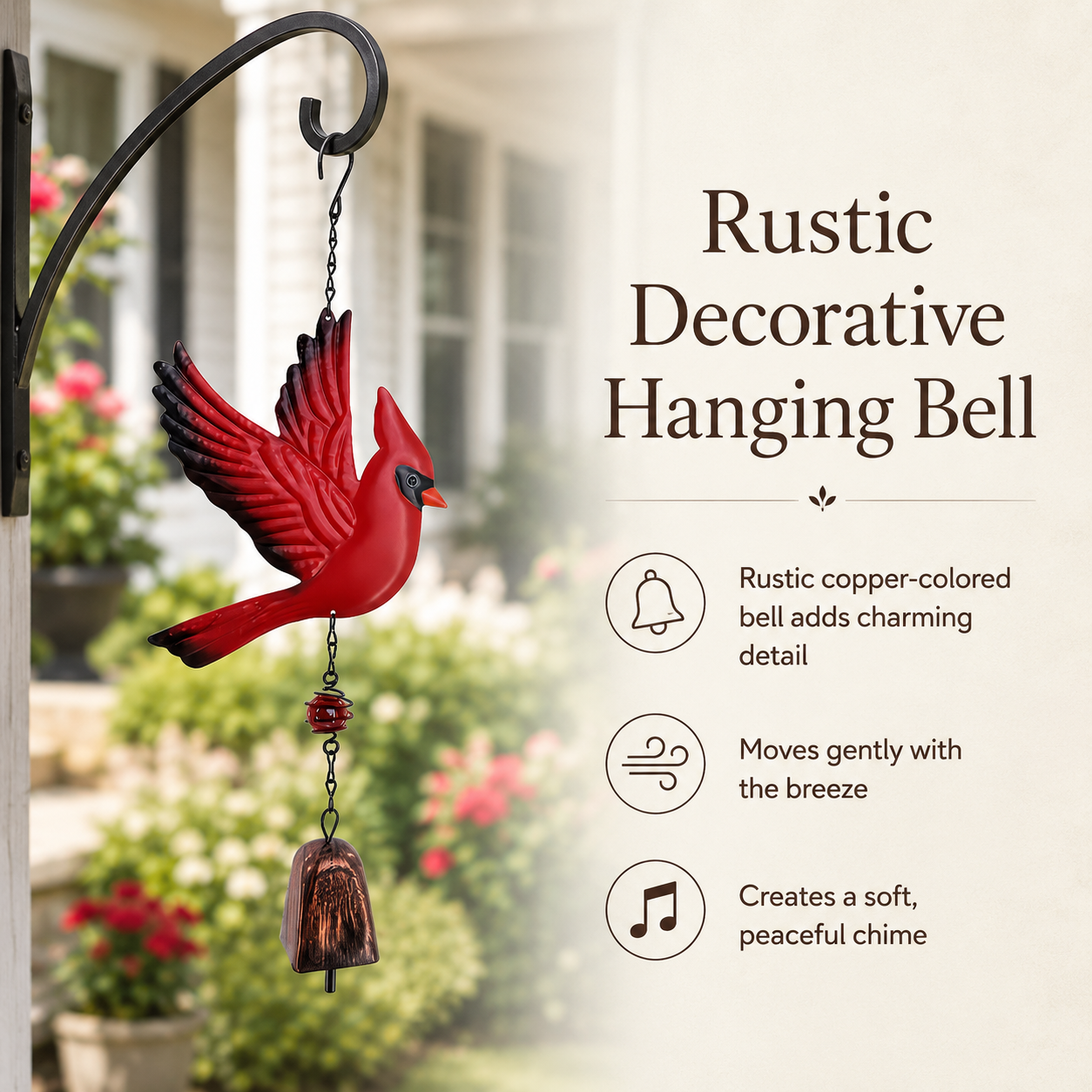 🐦Flying Red Cardinal Hanging Bell, Sympathy Memorial Remembrance Bird Wind Chime Decor