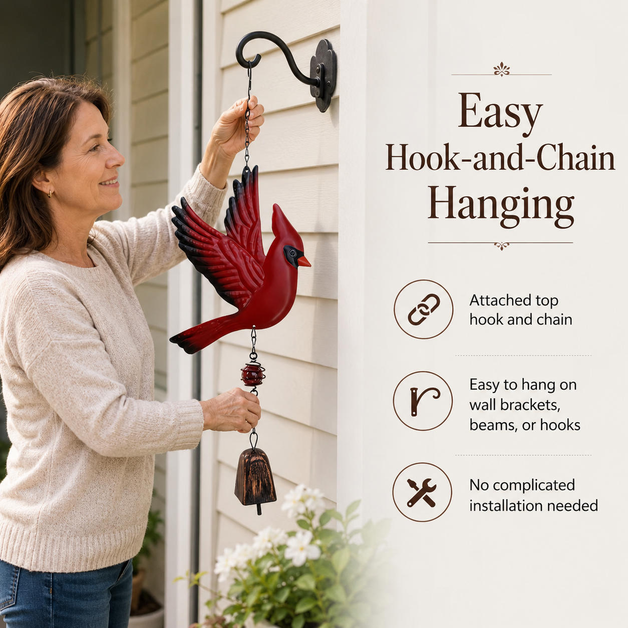 🐦Flying Red Cardinal Hanging Bell, Sympathy Memorial Remembrance Bird Wind Chime Decor