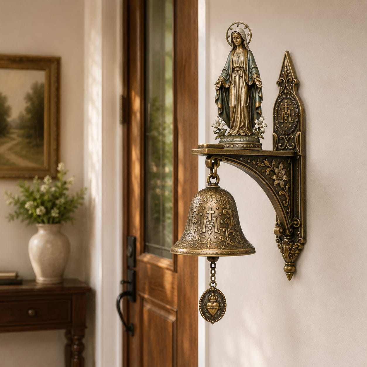 ✝️Miraculous Virgin Mary Wall Mount Bell, Antique Bronze Religious Door Bell, Catholic Blessing Home Decor Gift