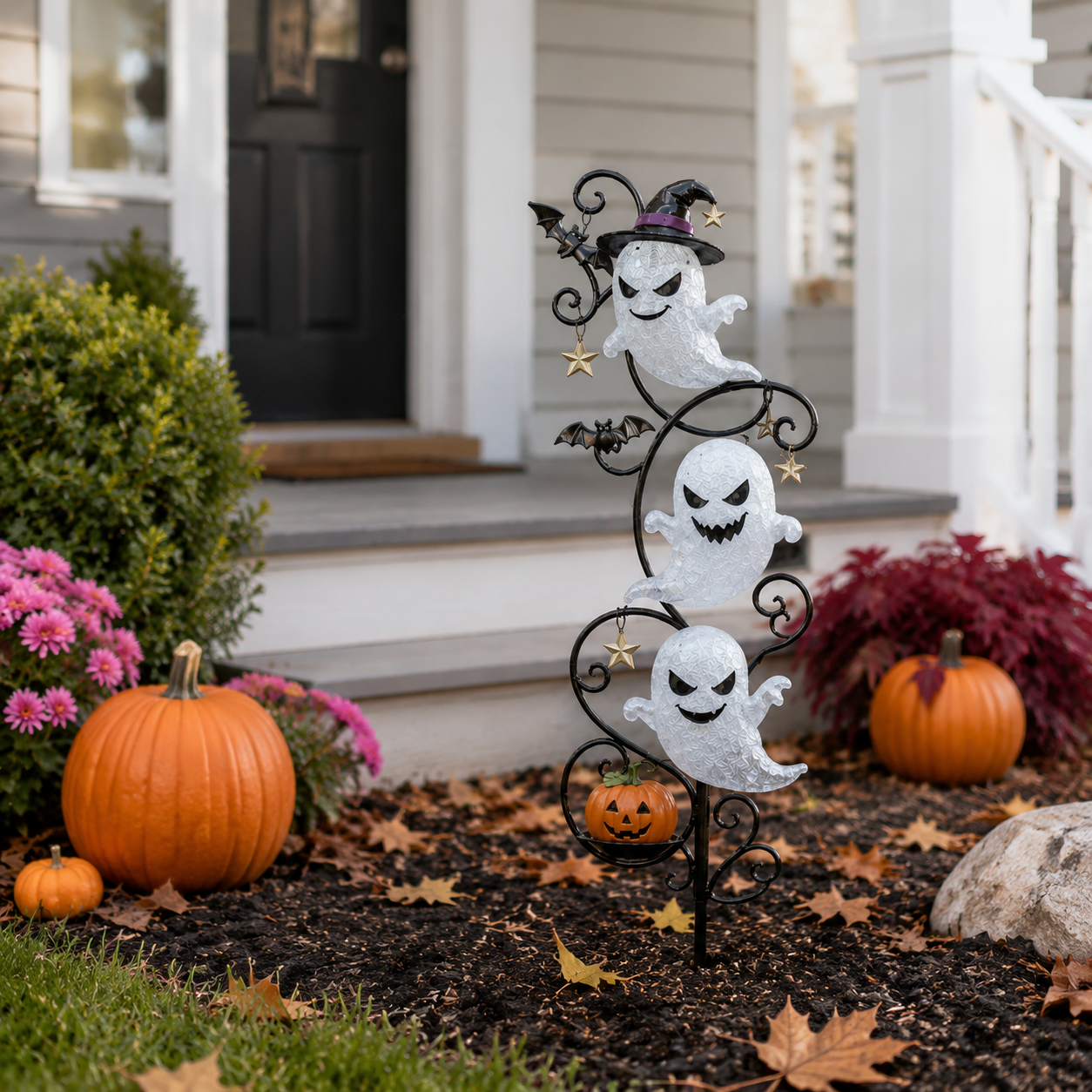 Lighted Ghost Metal Garden Stake, Halloween Spooky Pumpkin Bat Yard Decor