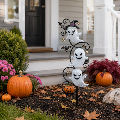 Lighted Ghost Metal Garden Stake, Halloween Spooky Pumpkin Bat Yard Decor