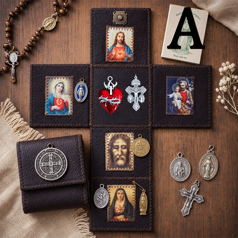 ✝️Catholic Foldable Leather Pocket Prayer Shrine, 4 Sacred Mini Travel Altar
