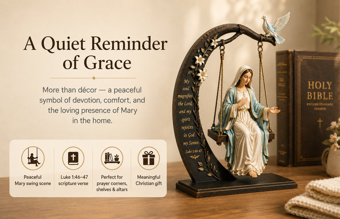 ✝️ Blessed Mary Cradle Swing Ornament – Luke 1:46–47 Faith Table Decor