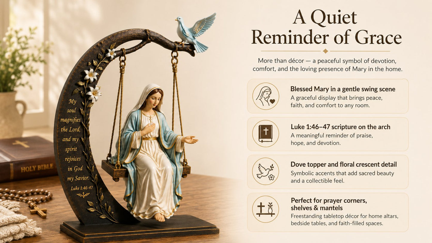 ✝️ Blessed Mary Cradle Swing Ornament – Luke 1:46–47 Faith Table Decor