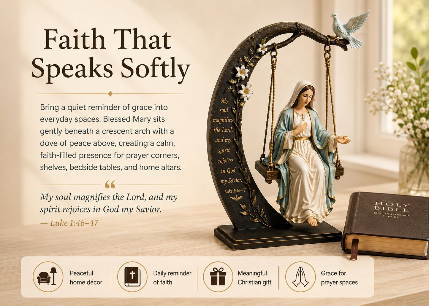 ✝️ Blessed Mary Cradle Swing Ornament – Luke 1:46–47 Faith Table Decor