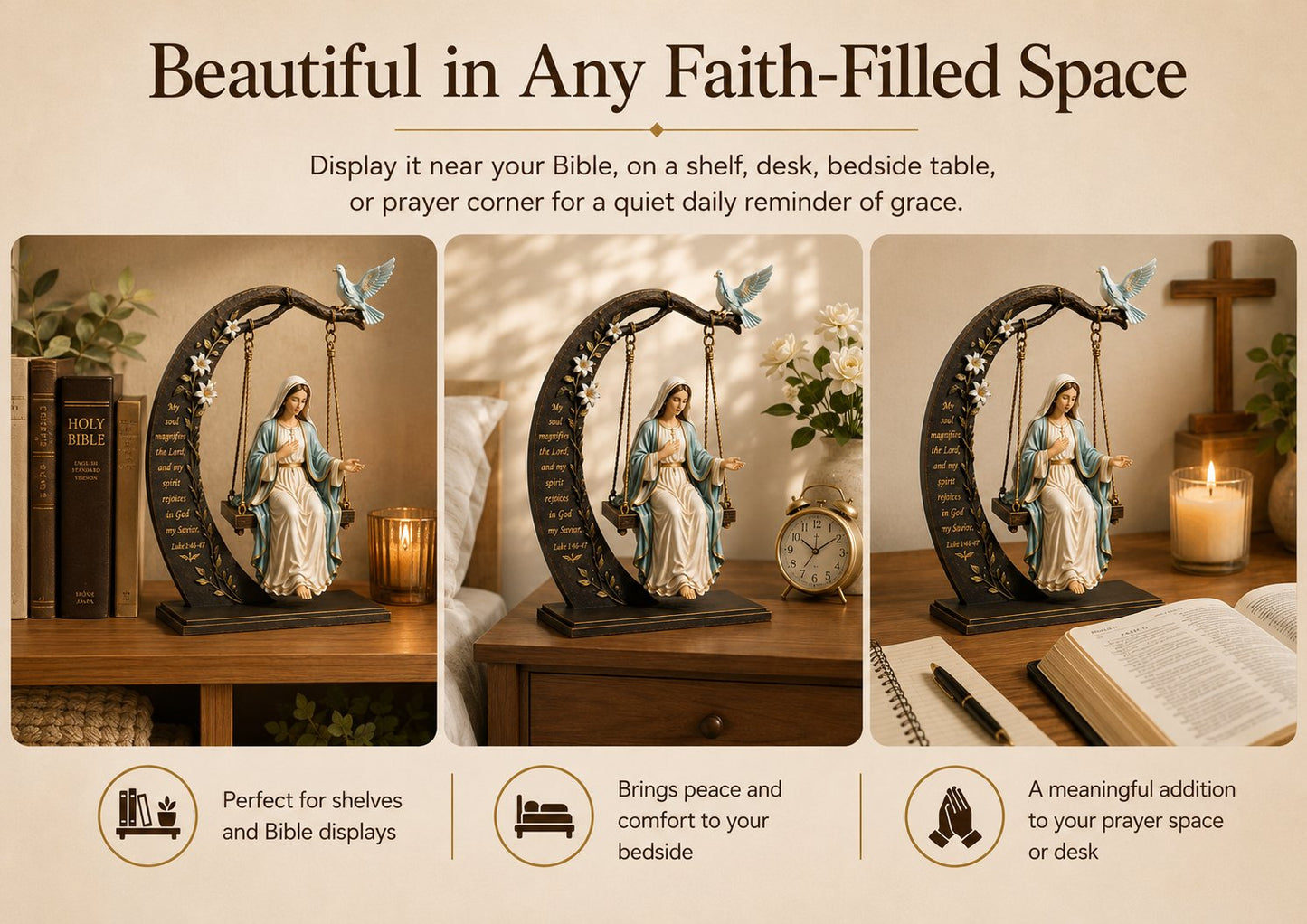 ✝️ Blessed Mary Cradle Swing Ornament – Luke 1:46–47 Faith Table Decor