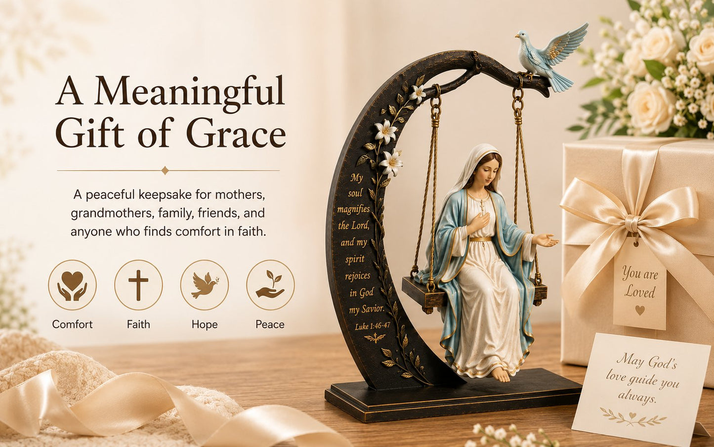 ✝️ Blessed Mary Cradle Swing Ornament – Luke 1:46–47 Faith Table Decor