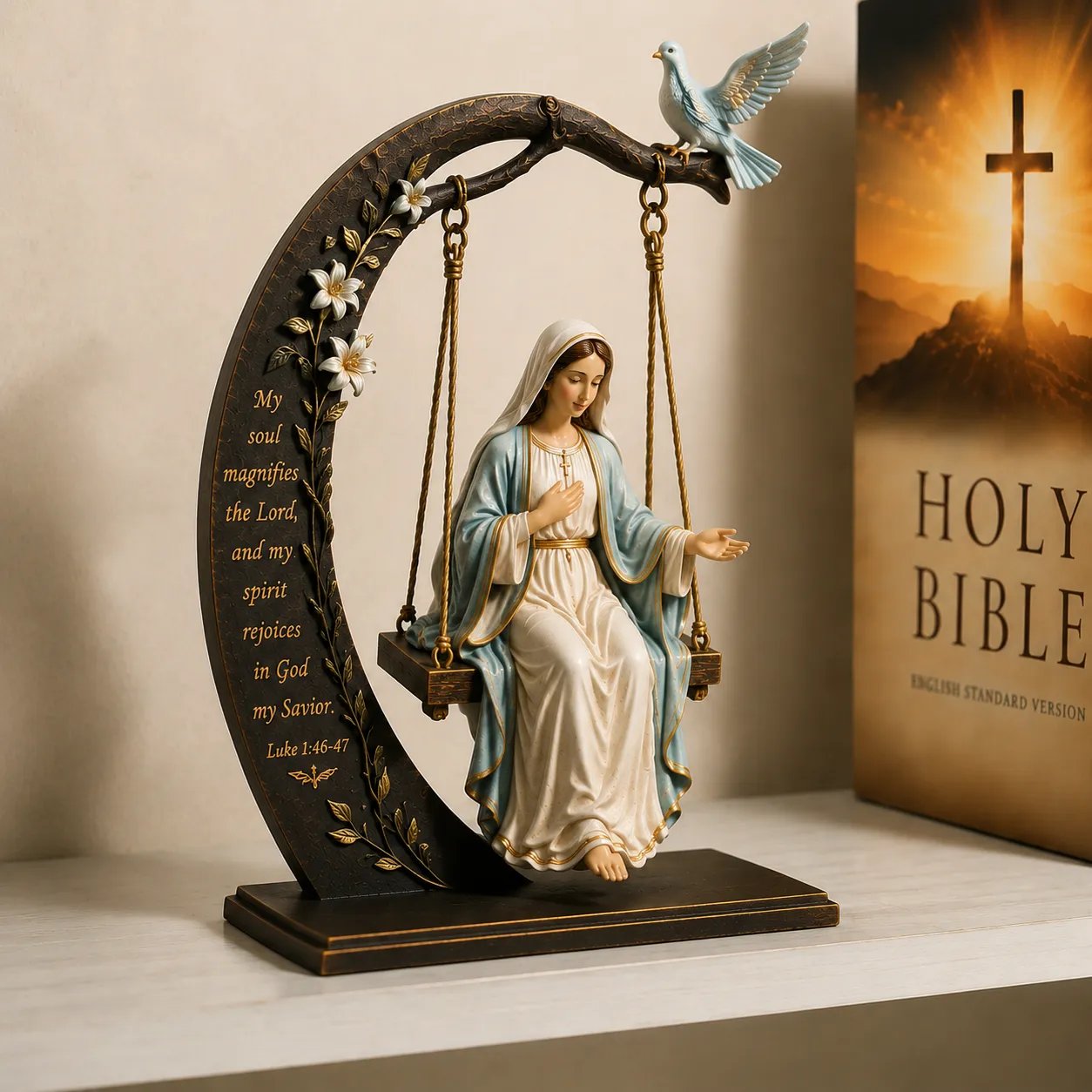 ✝️ Blessed Mary Cradle Swing Ornament – Luke 1:46–47 Faith Table Decor