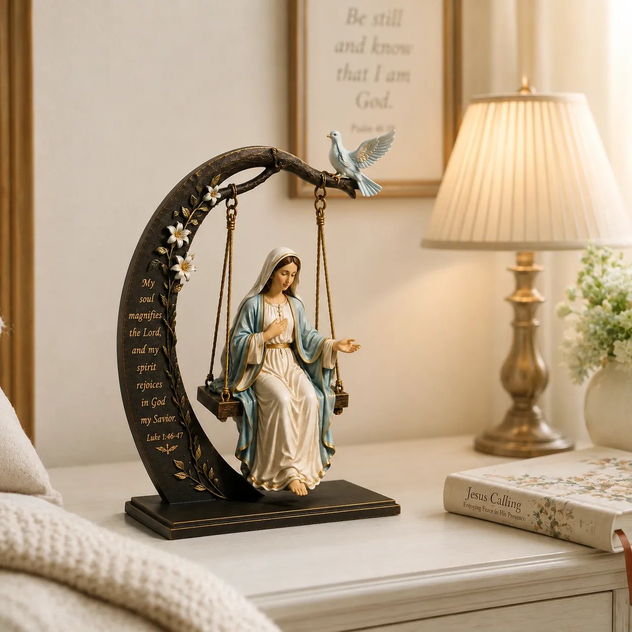 ✝️ Blessed Mary Cradle Swing Ornament – Luke 1:46–47 Faith Table Decor
