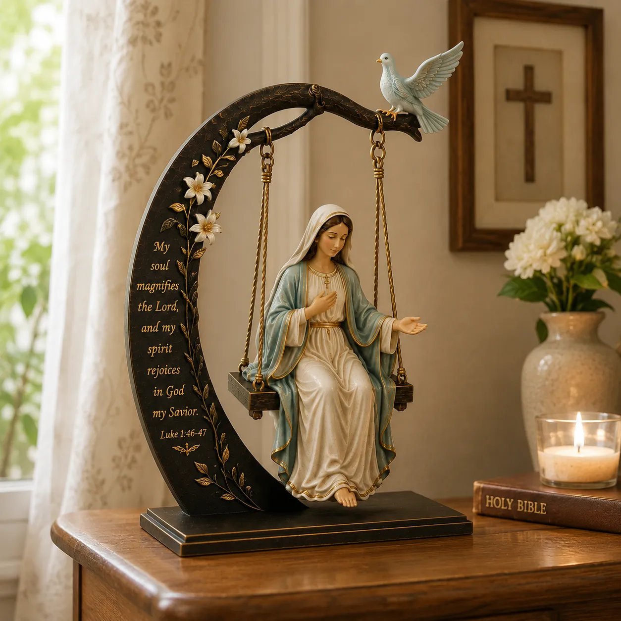 ✝️ Blessed Mary Cradle Swing Ornament – Luke 1:46–47 Faith Table Decor