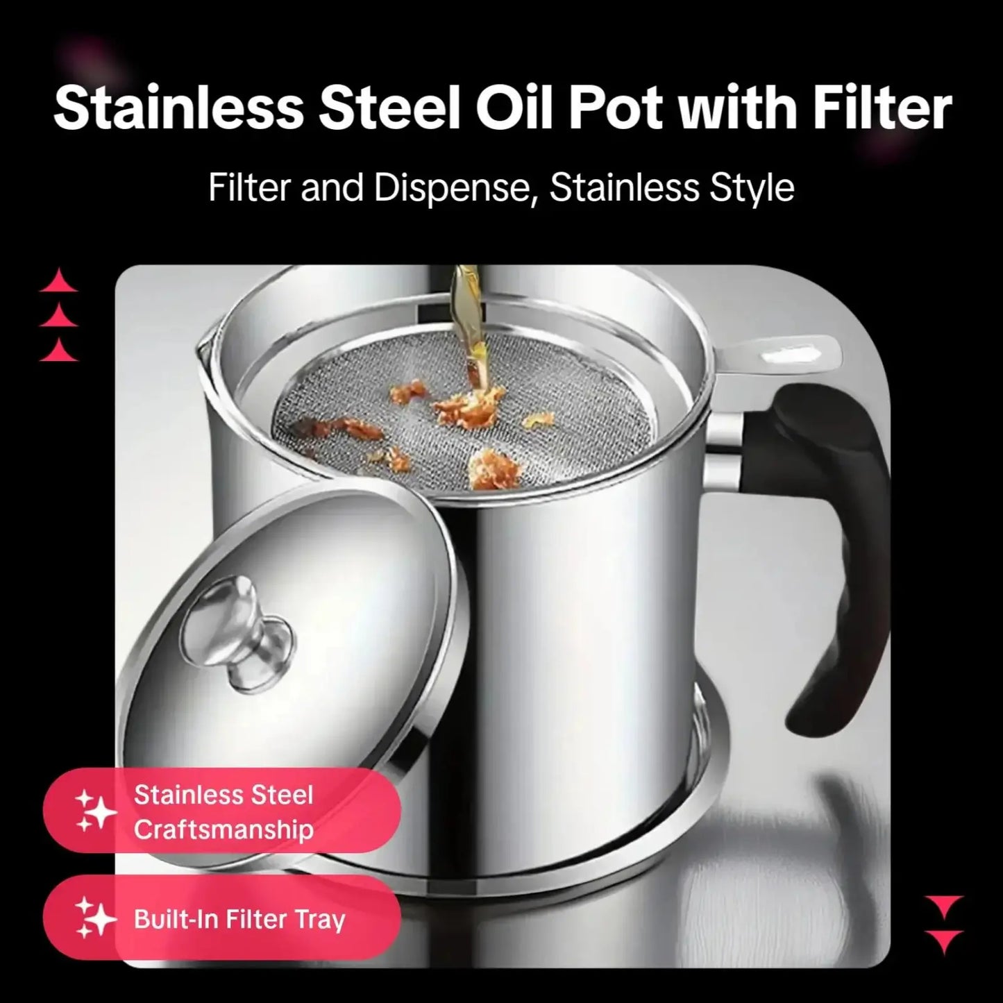 Stainless Steel Oil Strainer Pot, Multi-Function Grease Storage Can with Fine Filter & Lid