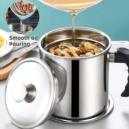 Stainless Steel Oil Strainer Pot, Multi-Function Grease Storage Can with Fine Filter & Lid