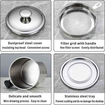 Stainless Steel Oil Strainer Pot, Multi-Function Grease Storage Can with Fine Filter & Lid
