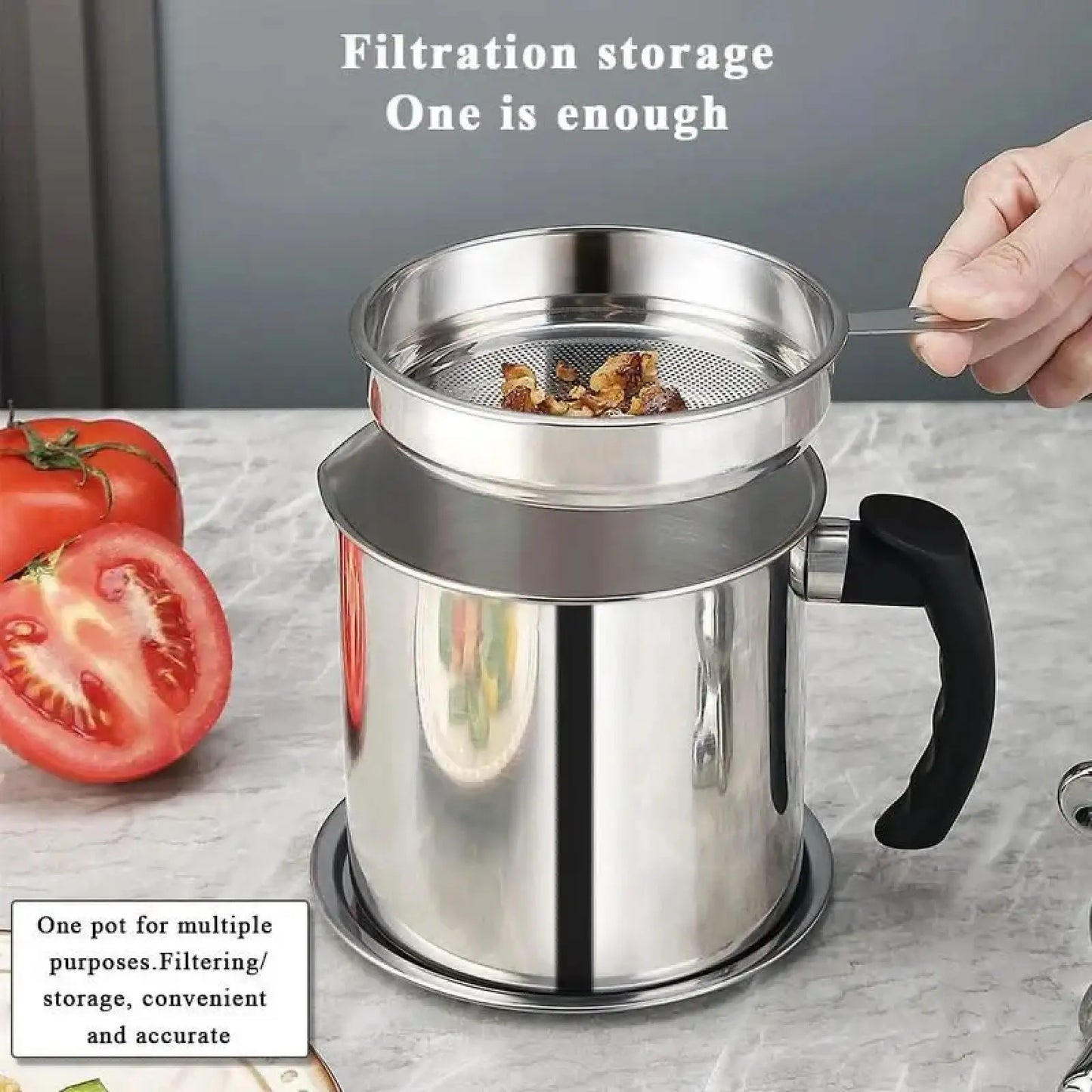 Stainless Steel Oil Strainer Pot, Multi-Function Grease Storage Can with Fine Filter & Lid