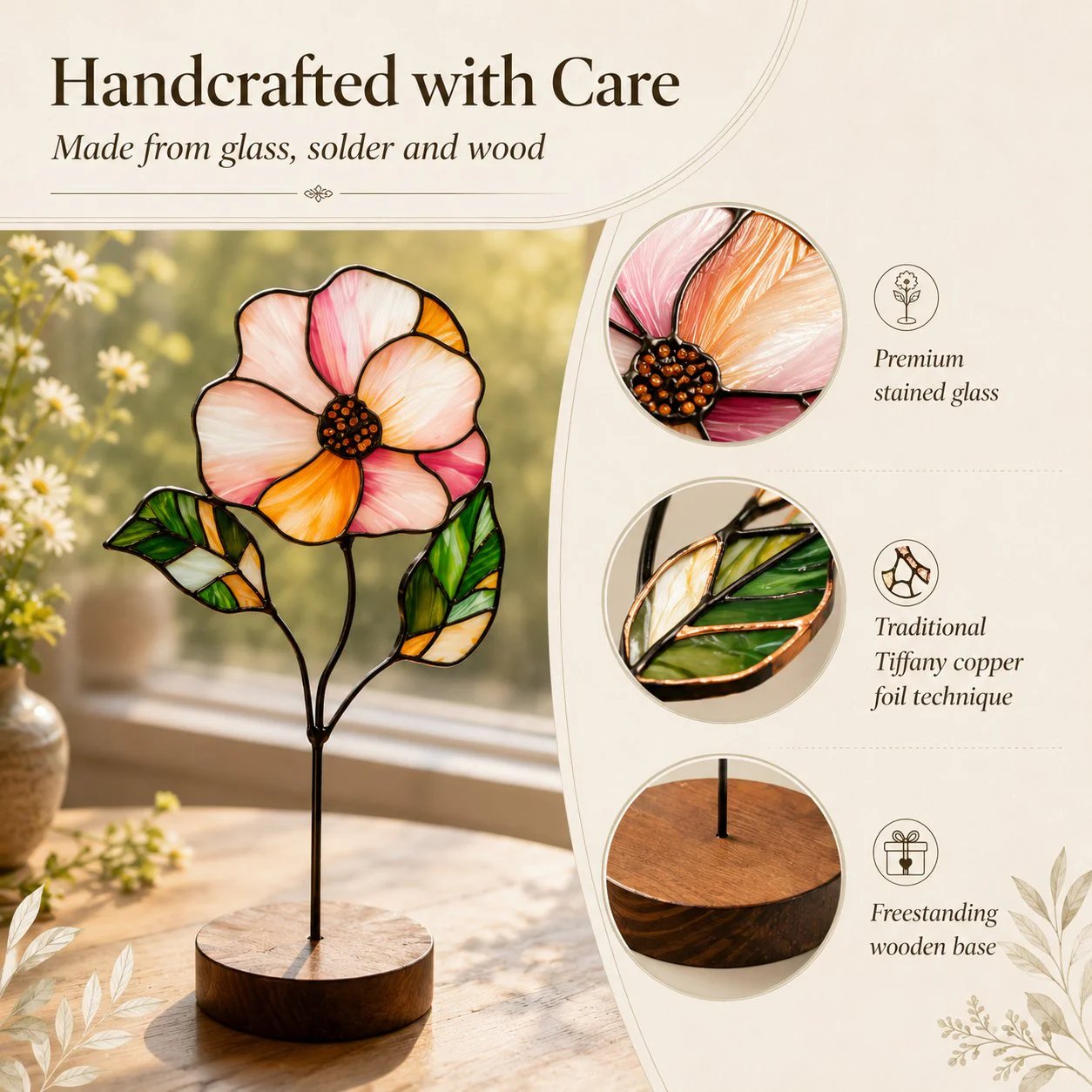 💐Stained Glass Flower Tabletop Ornament, Colorful Floral Suncatcher Stand Decor
