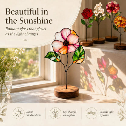 💐Stained Glass Flower Tabletop Ornament, Colorful Floral Suncatcher Stand Decor