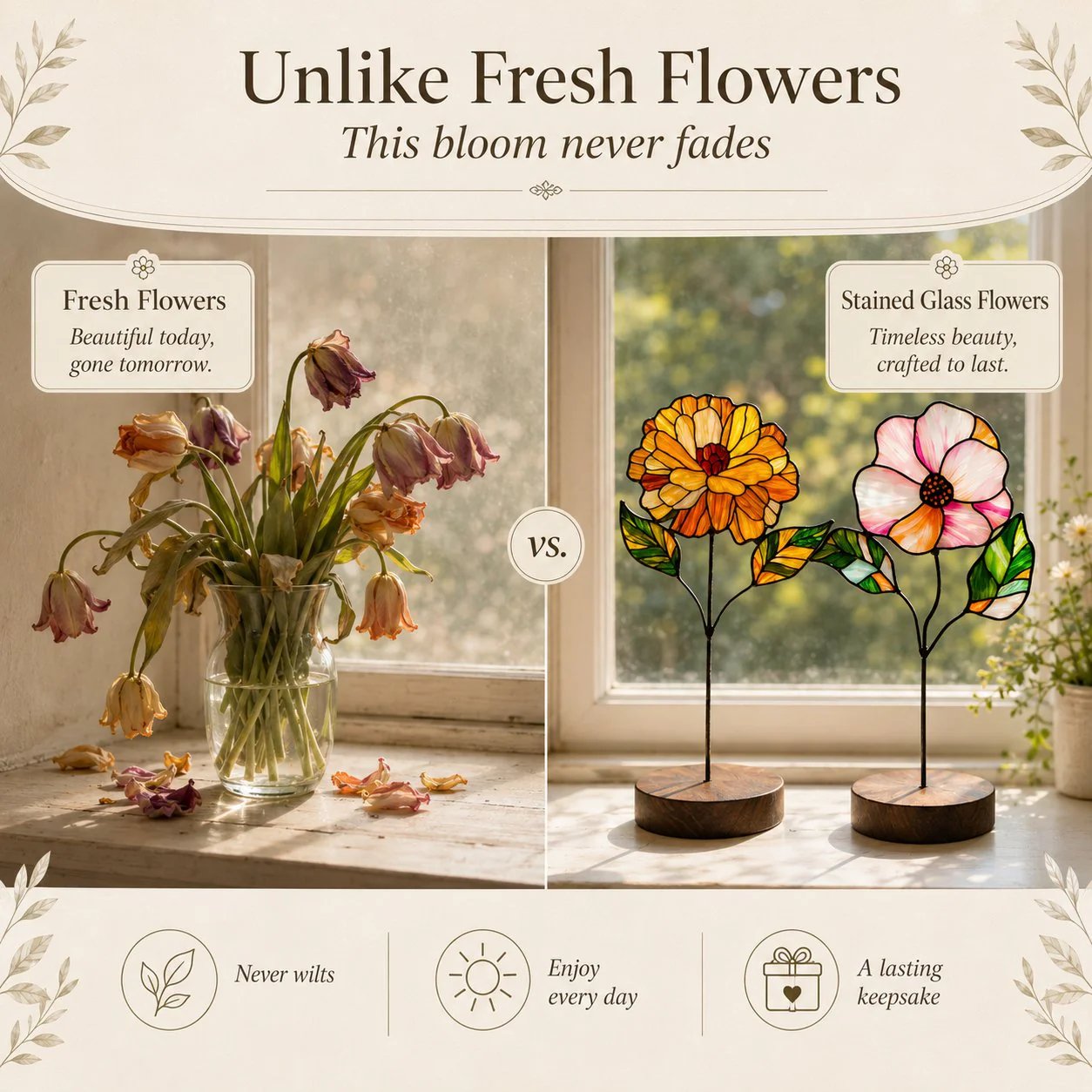 💐Stained Glass Flower Tabletop Ornament, Colorful Floral Suncatcher Stand Decor